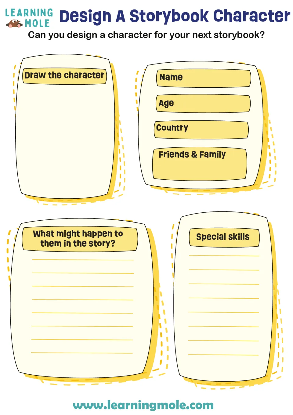 Character planning: students draw a new story character and list its name, age, country, family, skills and plot events