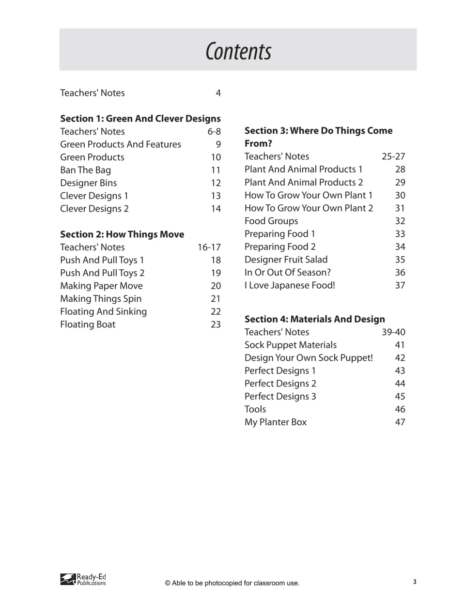 Workbook contents list teacher notes and activities on green designs, movement, food, and materials