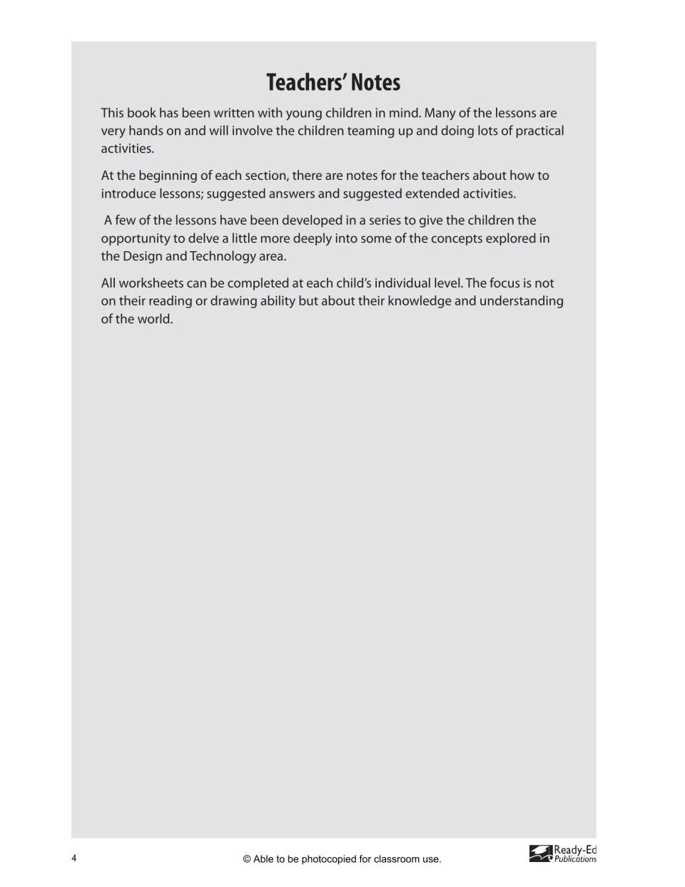 Introductory teacher notes explain hands-on teamwork, section guidance, and adapting worksheets to each child