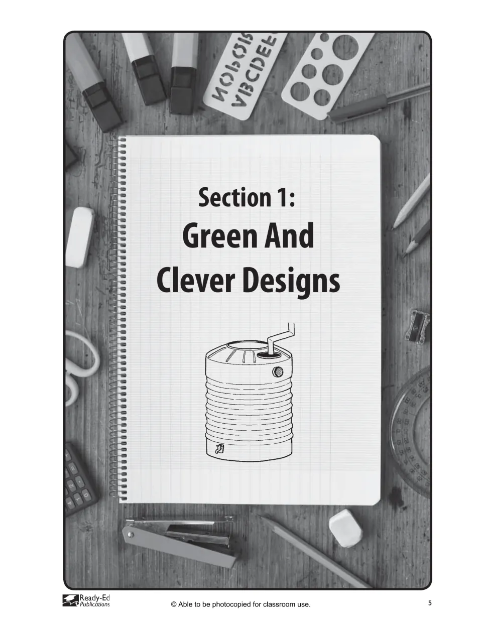 Section 1 divider introduces Green and Clever Designs before the teacher notes and student activities