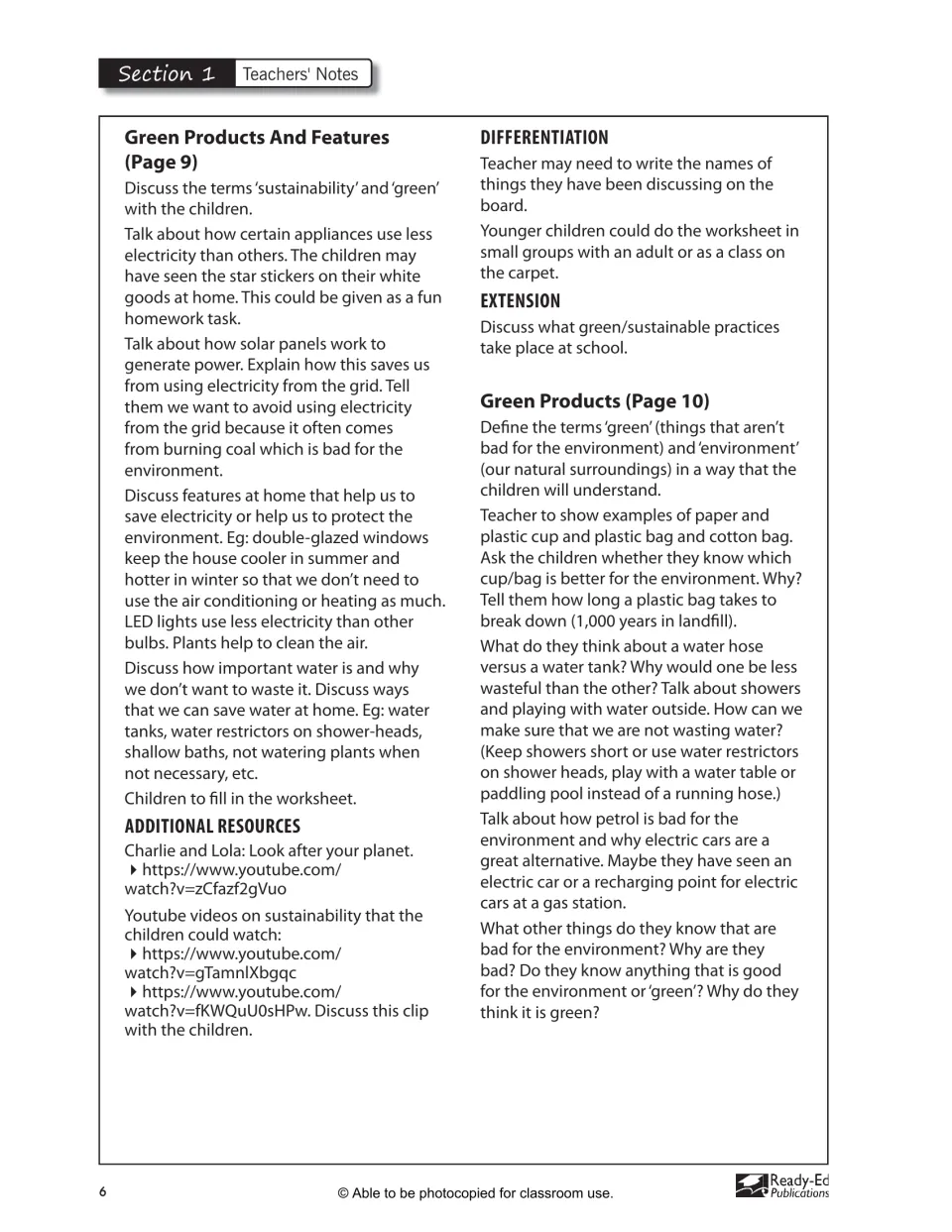 Section 1 teacher notes introduce green household features and products, including energy and water use