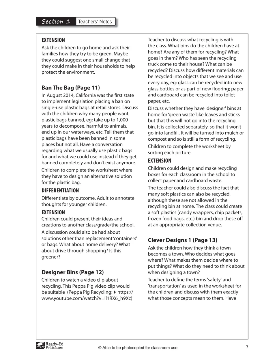 Section 1 teacher notes cover plastic bag alternatives, recycling bins, and an introduction to town design