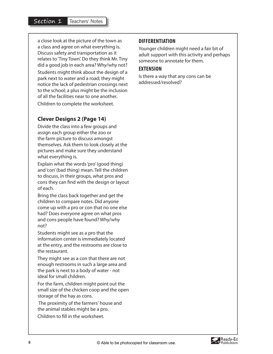 Section 1 teacher notes continue town design guidance and introduce comparing zoo and farm layouts