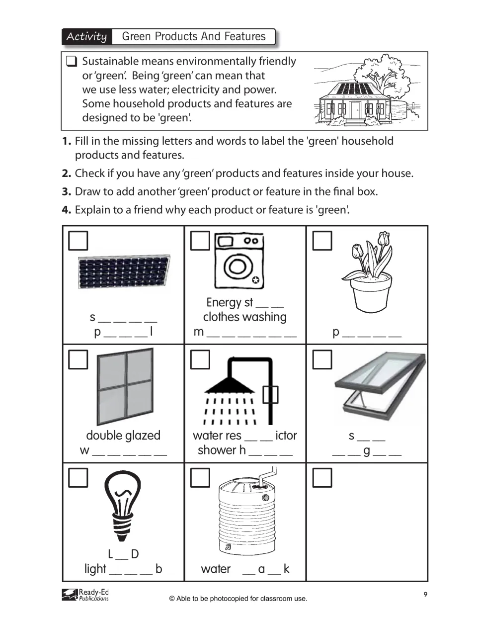 Green Products and Features activity asks students to complete labels and identify green features at home