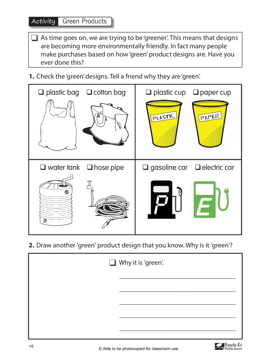 Green Products activity asks students to compare bags, cups, water use, and cars, then draw a green design