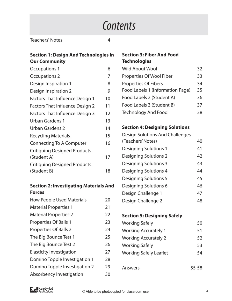 Workbook contents listing five sections, activities, teacher notes, and answers on pages 55–58