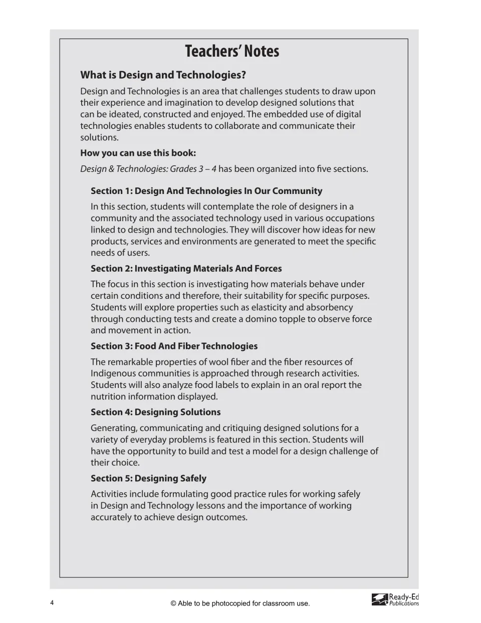 Teacher notes explain design and technologies and summarize the activities in all five workbook sections