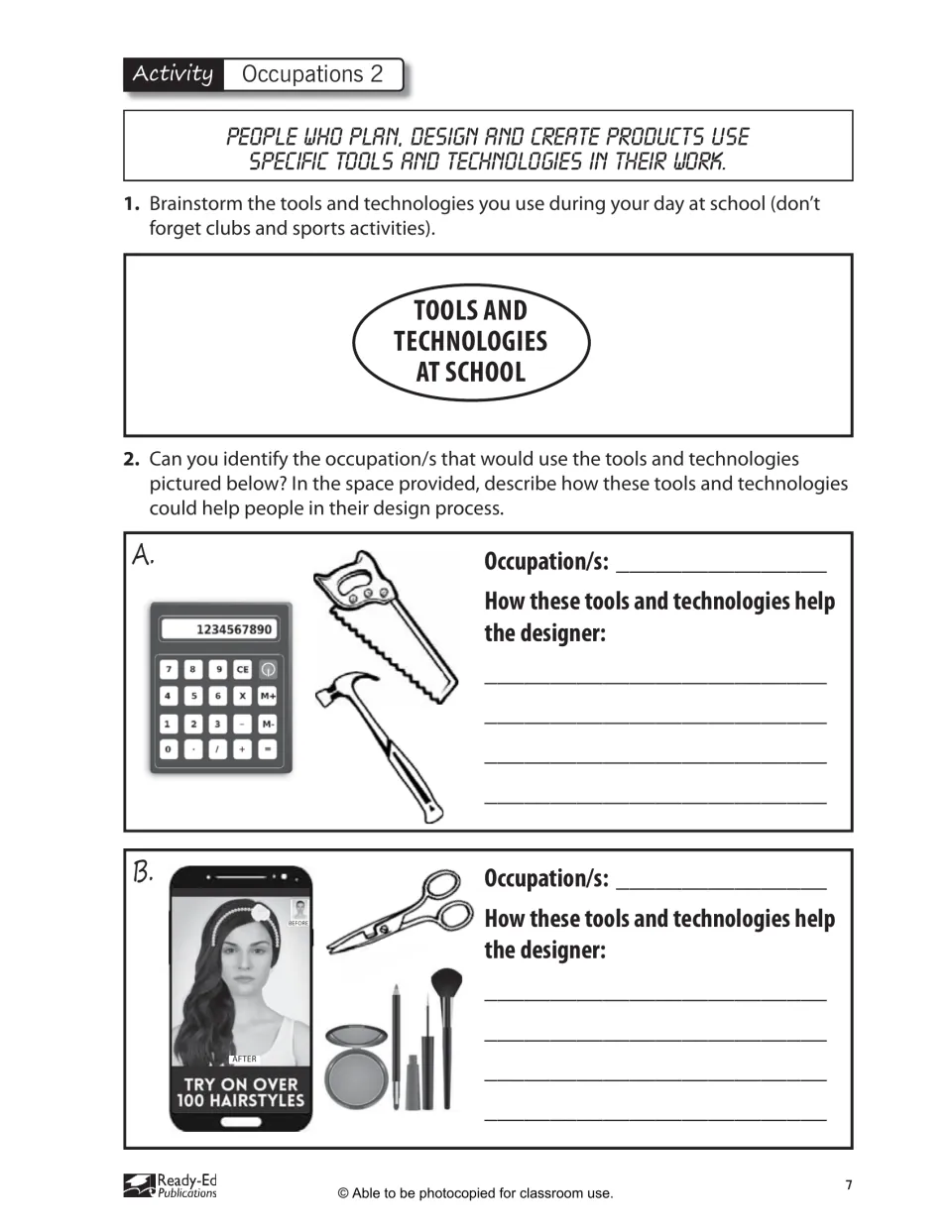 Occupations 2 activity asks students to brainstorm school tools and connect pictured tools to occupations
