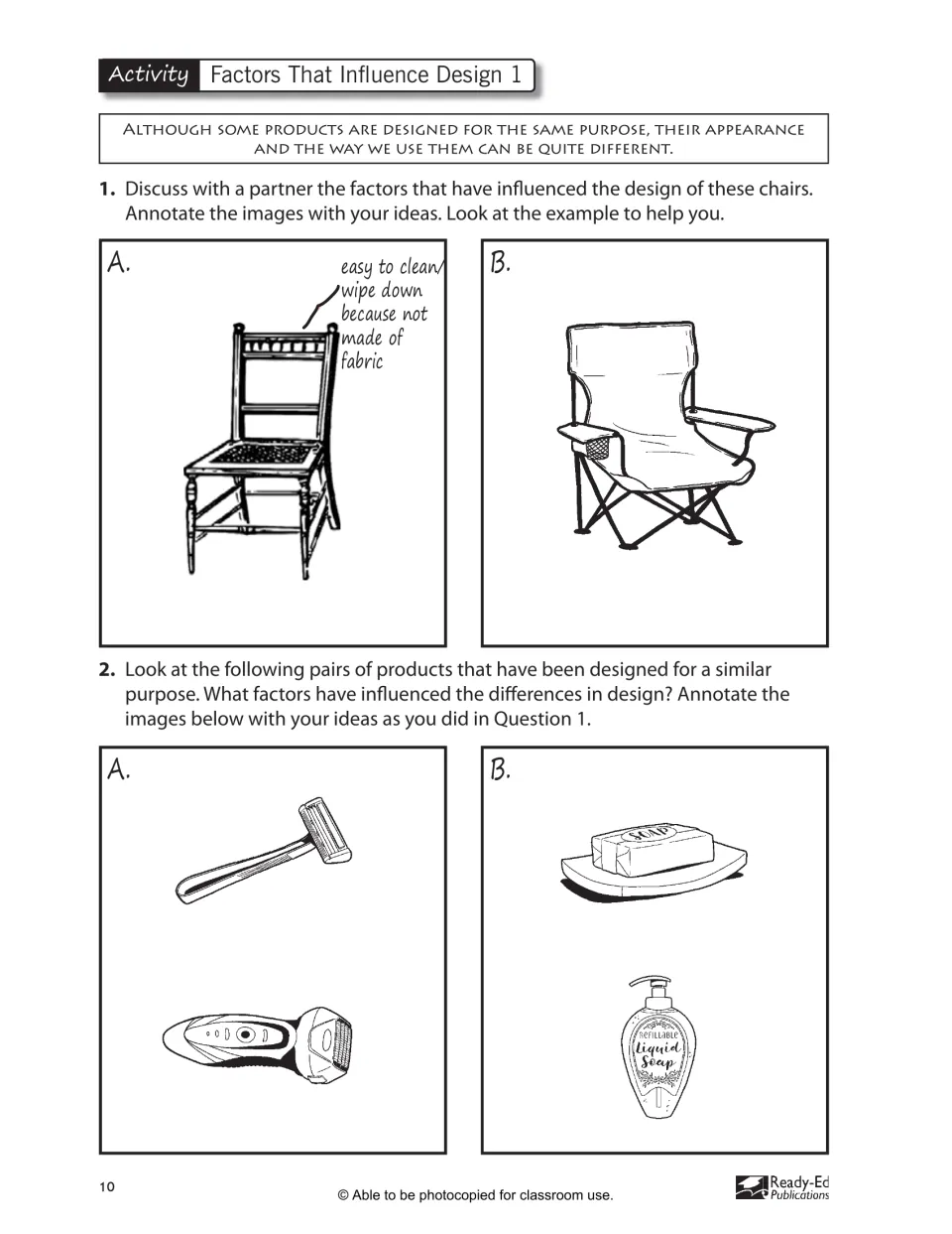 Factors That Influence Design 1 asks partners to compare and annotate designs of chairs, razors, and soap
