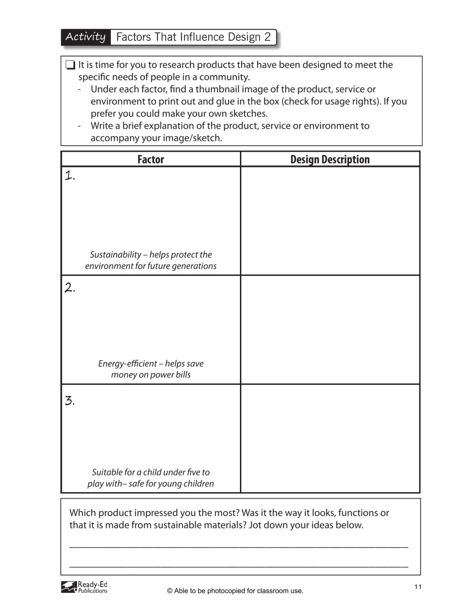 Factors That Influence Design 2 asks students to research sustainable, energy-efficient, and child-safe designs