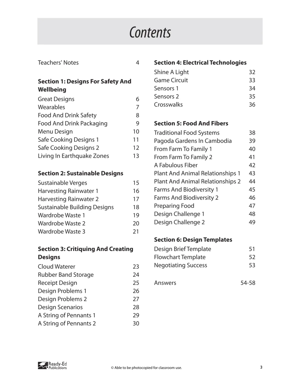 Workbook contents listing six sections, from safety and wellbeing to design templates, plus answers