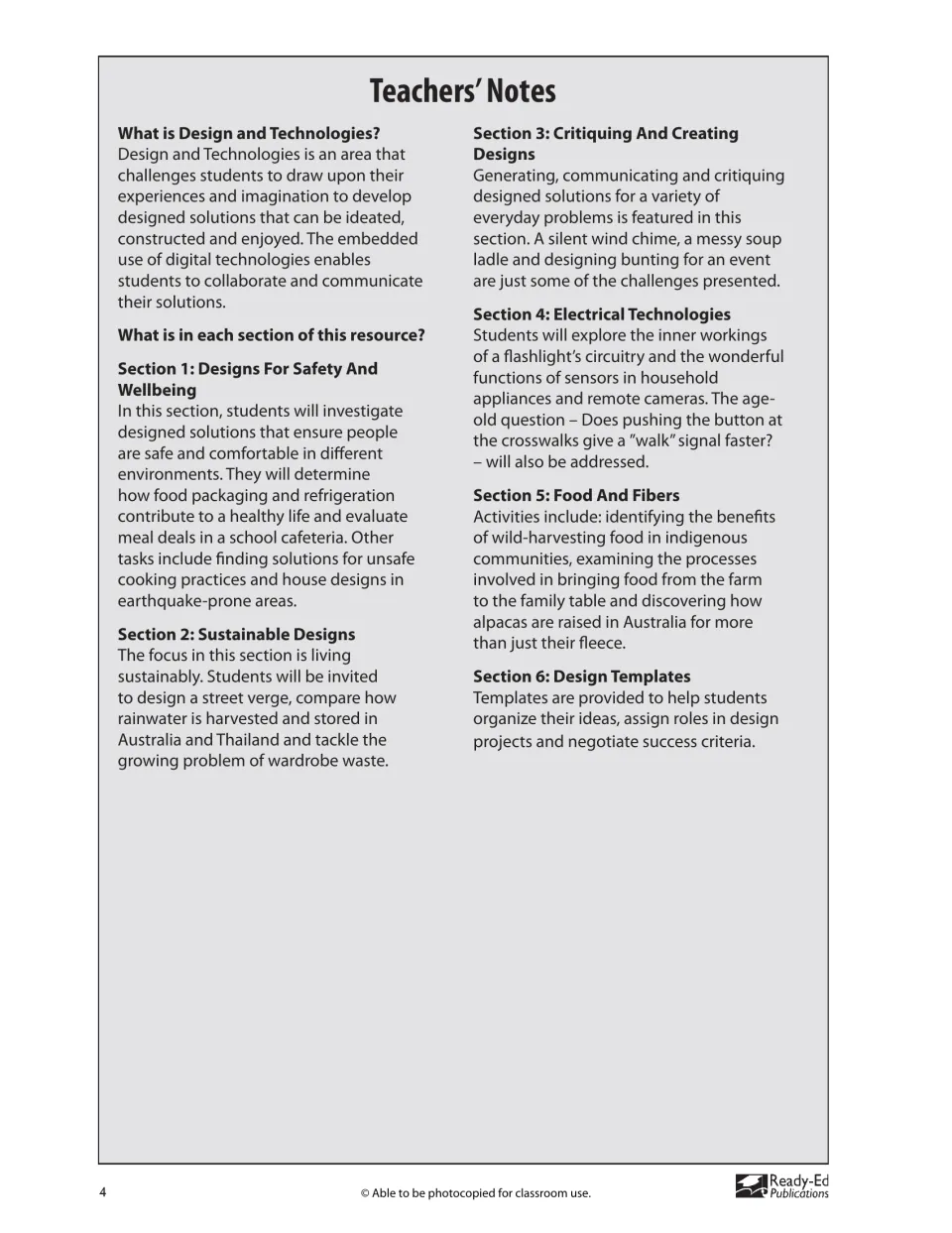 Teacher notes explain design and technologies and summarize activities and templates in all six sections