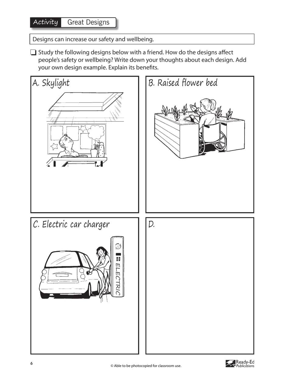 Great Designs activity asks partners to assess a skylight, raised flower bed, and electric car charger