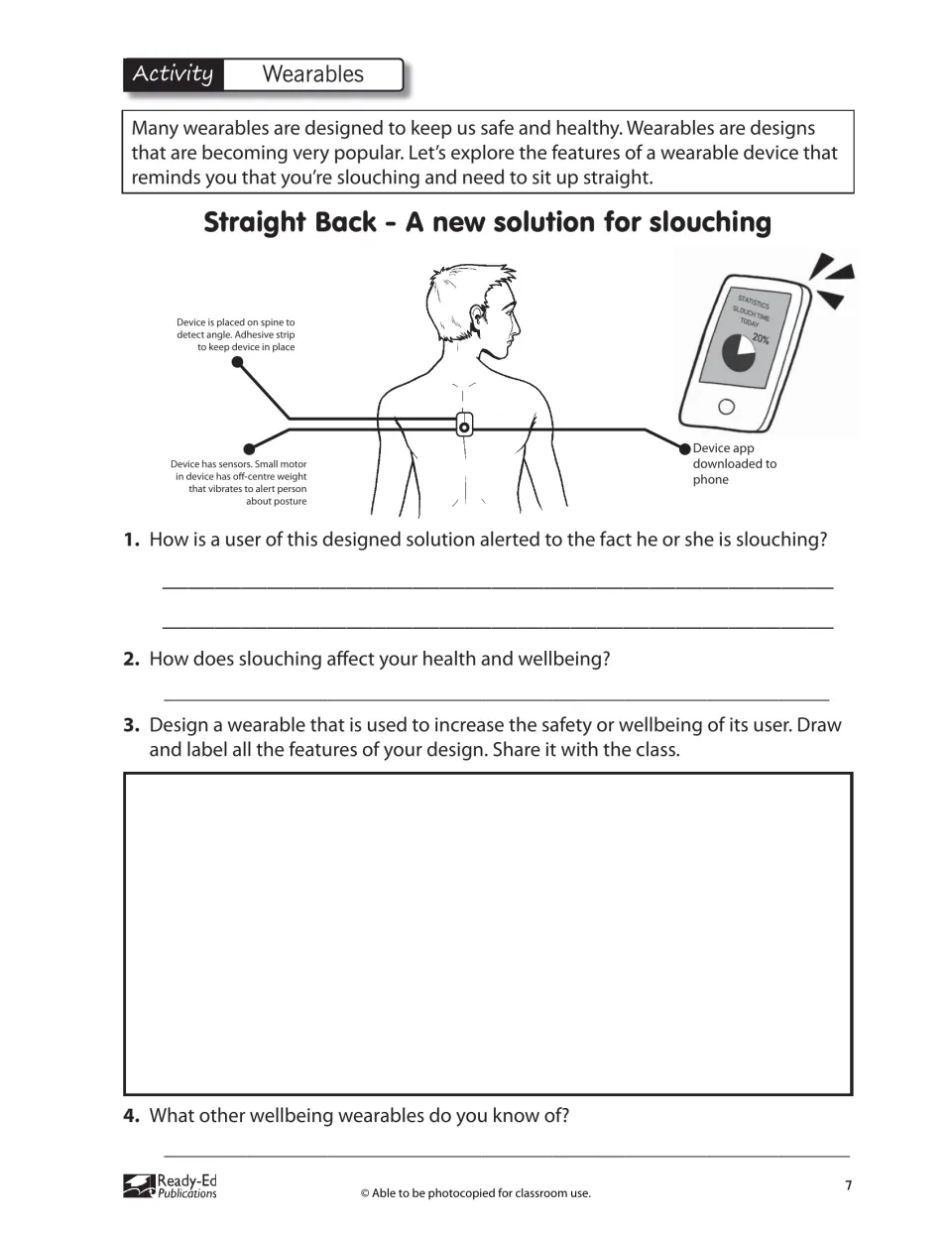Wearables activity examines a posture-alert device and asks students to draw and label their own wearable