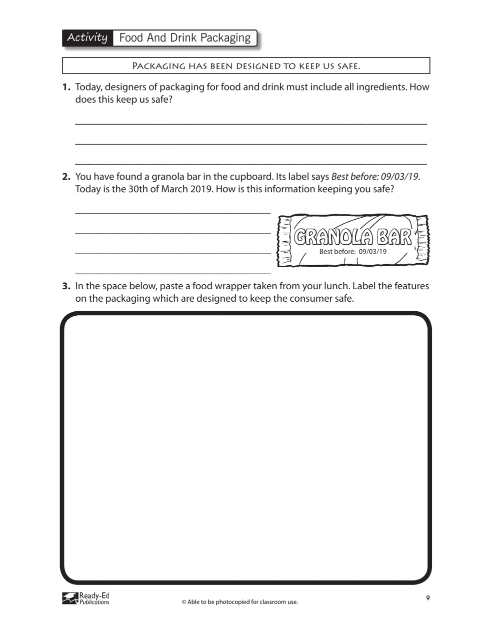 Food and Drink Packaging activity asks about ingredient lists, a best-before date, and a lunch wrapper