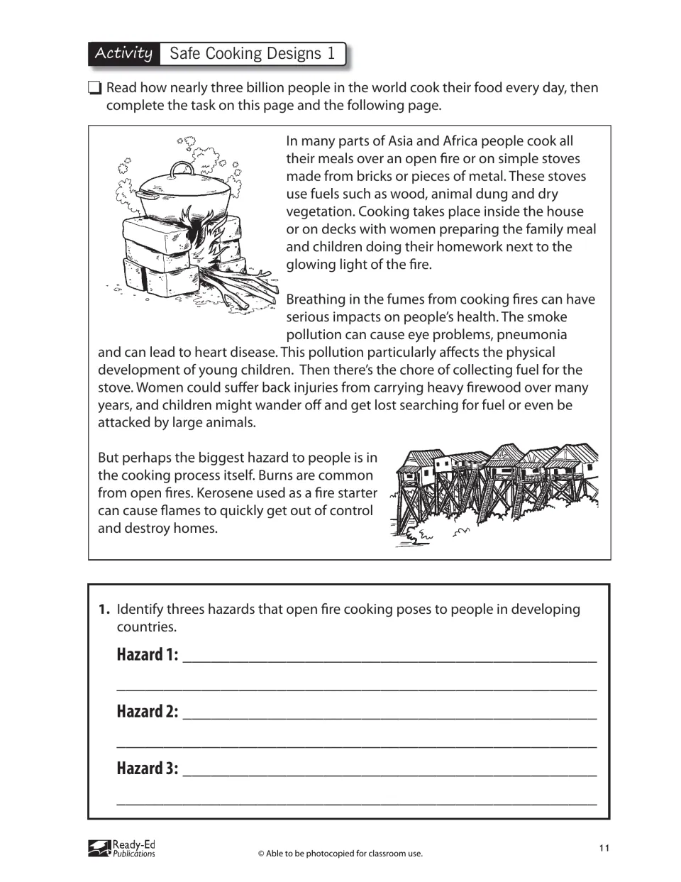 Safe Cooking Designs 1 presents a reading on open-fire cooking and asks students to identify three hazards