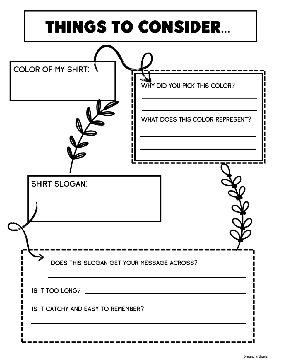 Things to Consider planner: students pick a shirt color, explain what it represents and test their slogan's clarity