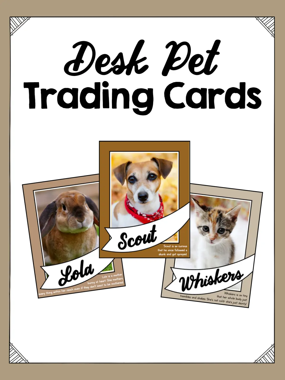 Desk Pet Trading Cards cover showing sample photo cards of Lola the bunny, Scout the dog and Whiskers the kitten