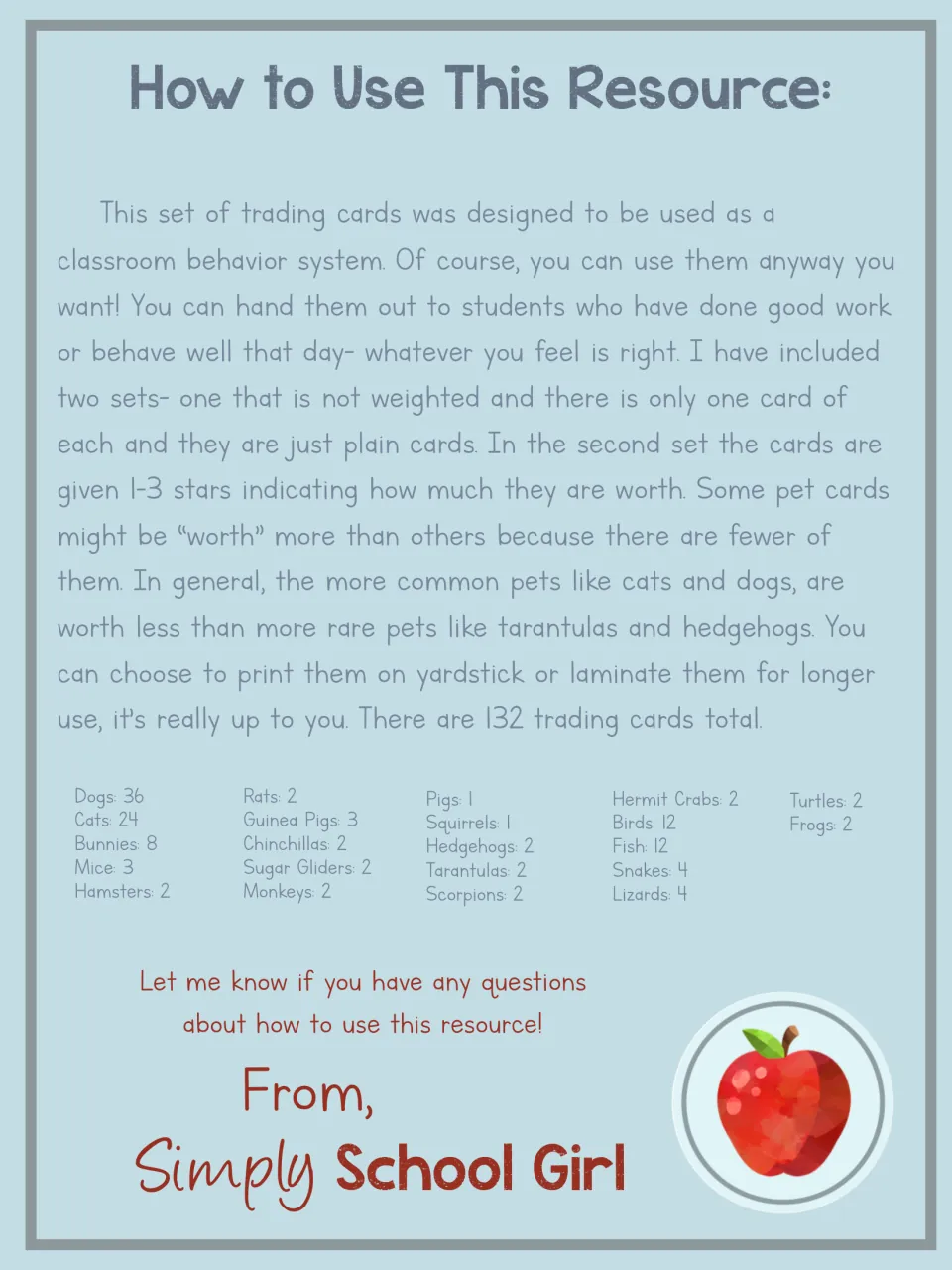 How to Use This Resource: teacher notes on a basic set and a 1-3 star weighted set, plus counts of 132 cards by animal