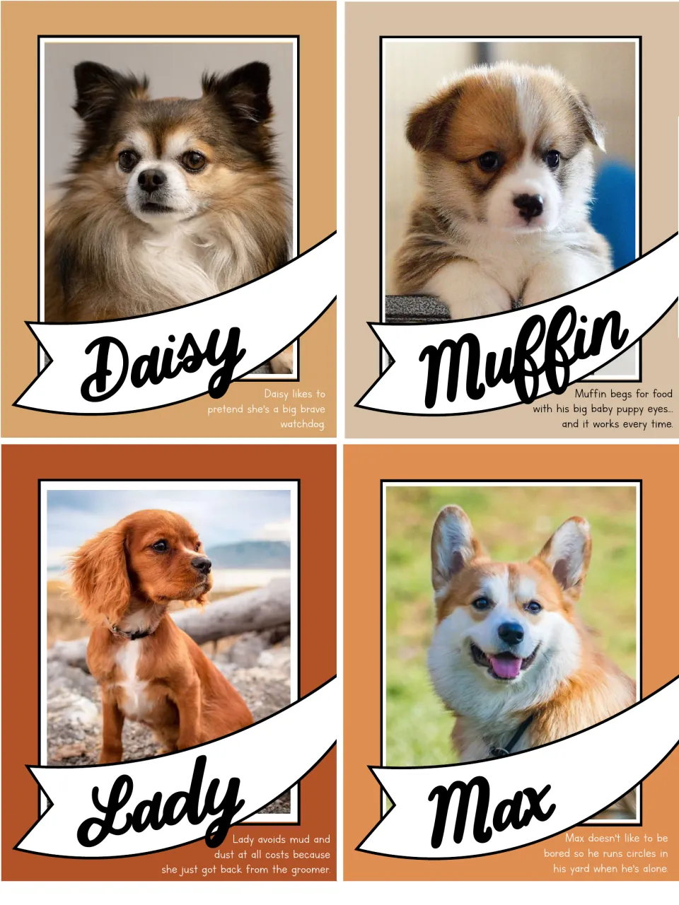 Daisy, Muffin, Lady and Max dog cards: a pretend watchdog, a begging puppy, a freshly groomed pup and a circle-running dog