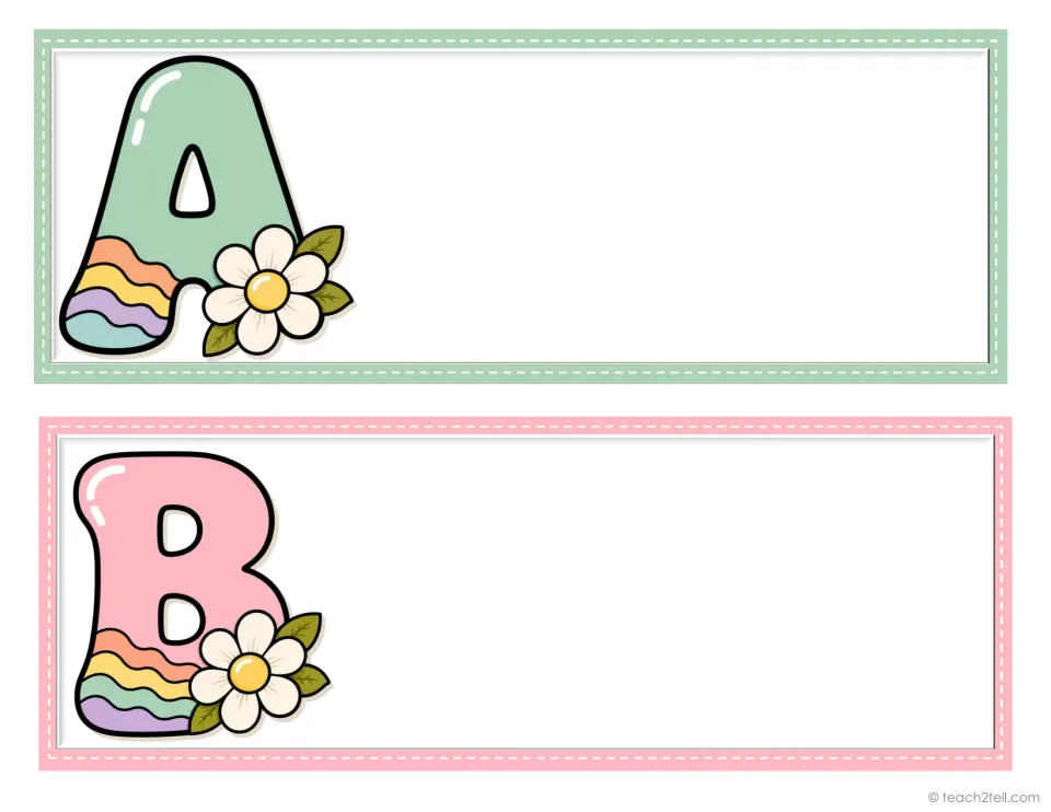 Student desk plates for initials A and B, two from the decorative alphabet set, ready for student names.