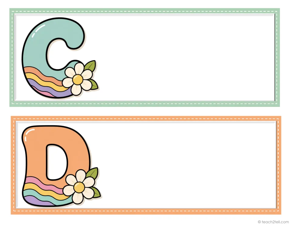 Student desk plates for initials C and D, two from the decorative alphabet set, ready for student names.