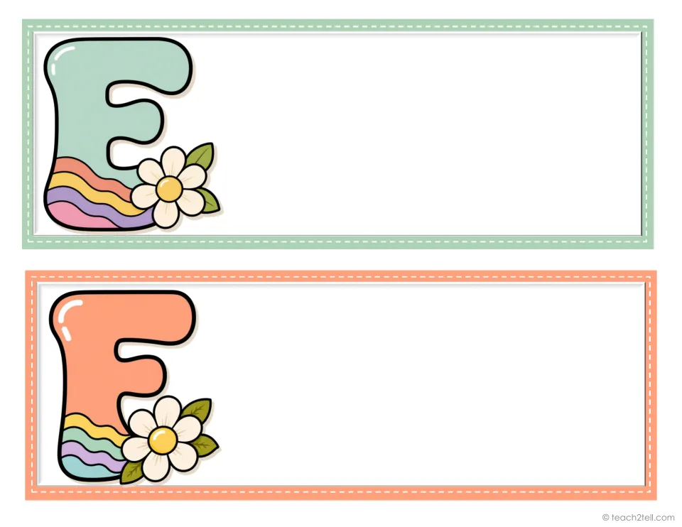 Student desk plates for initials E and F, two from the decorative alphabet set, ready for student names.