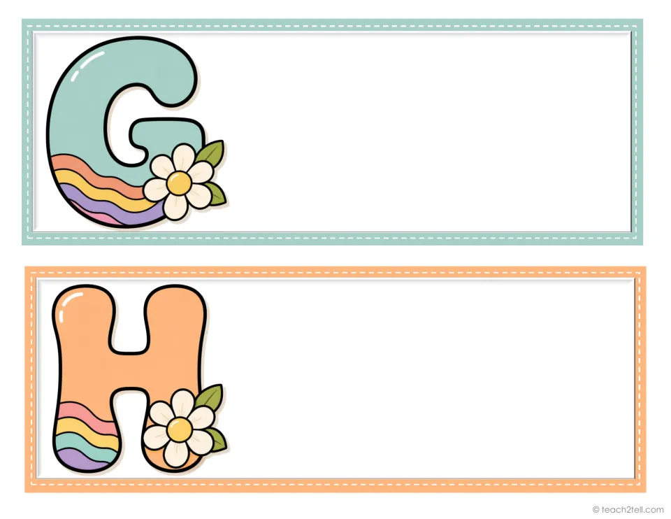 Student desk plates for initials G and H, two from the decorative alphabet set, ready for student names.