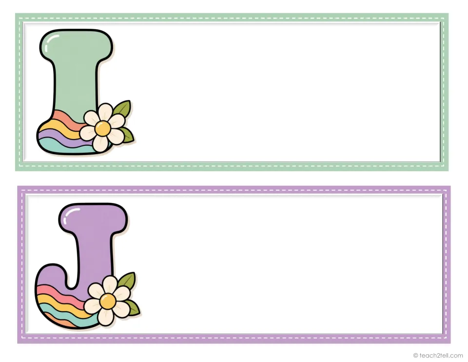 Student desk plates for initials I and J, two from the decorative alphabet set, ready for student names.