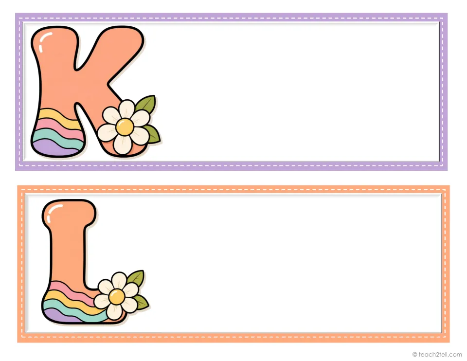 Student desk plates for initials K and L, two from the decorative alphabet set, ready for student names.