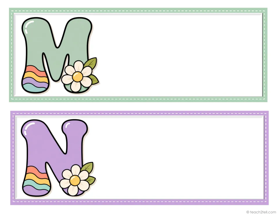 Student desk plates for initials M and N, two from the decorative alphabet set, ready for student names.