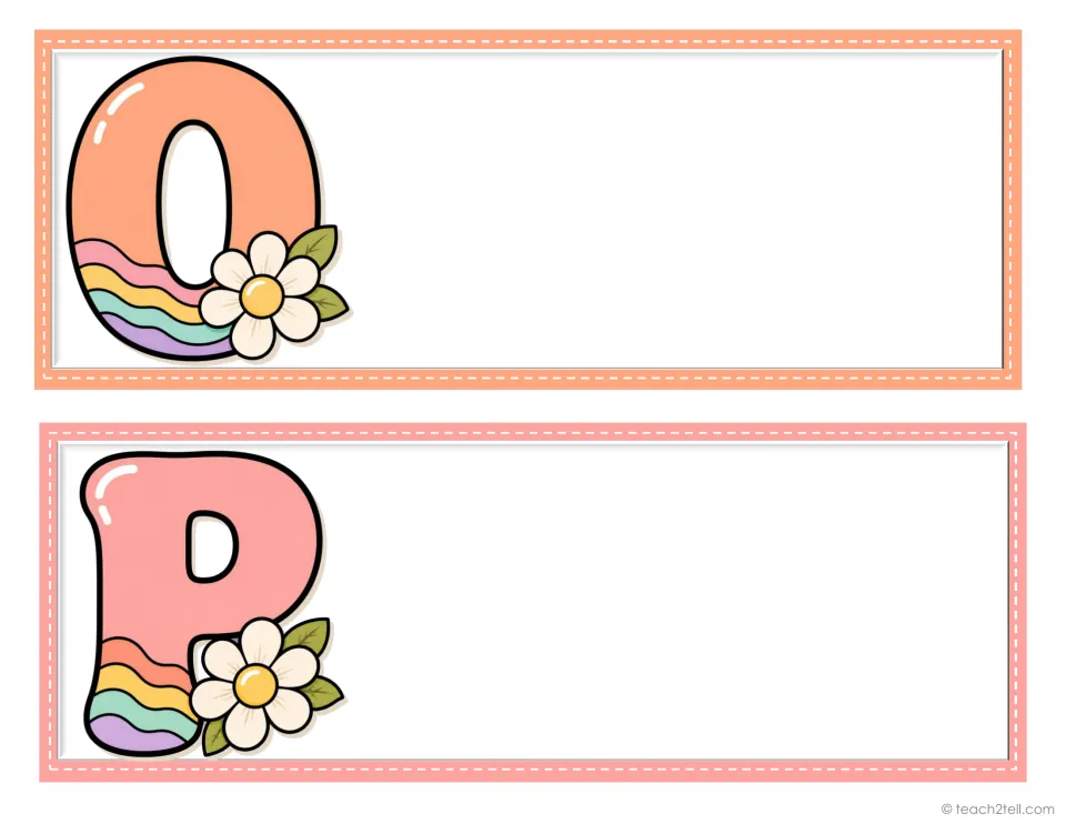 Student desk plates for initials O and P, two from the decorative alphabet set, ready for student names.