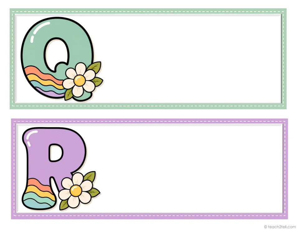 Student desk plates for initials Q and R, two from the decorative alphabet set, ready for student names.