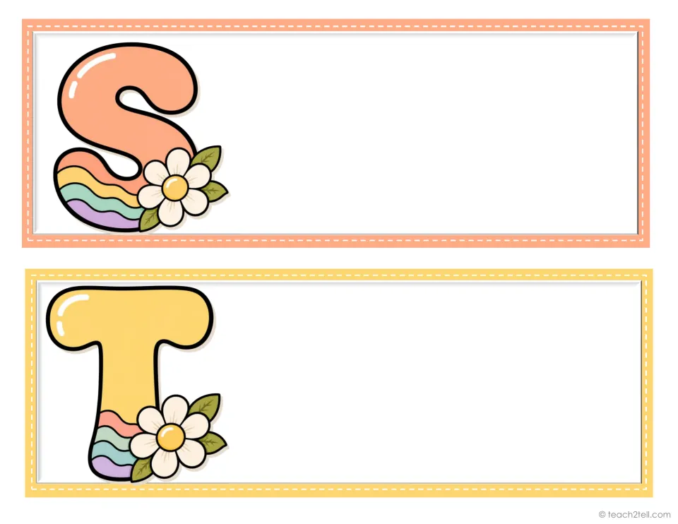 Student desk plates for initials S and T, two from the decorative alphabet set, ready for student names.