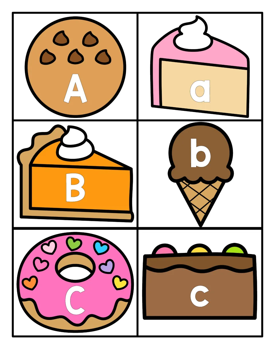 Letters A to C: uppercase A, B, C on a cookie, pie and donut, lowercase a, b, c on cake, ice cream and brownie to match
