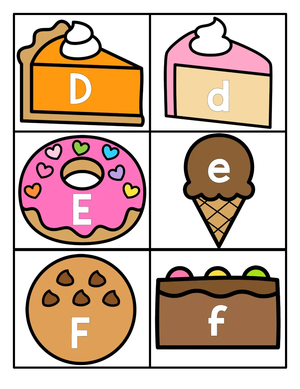 Letters D to F: dessert cards show uppercase D, E, F on pie, donut and cookie with lowercase d, e, f for case matching