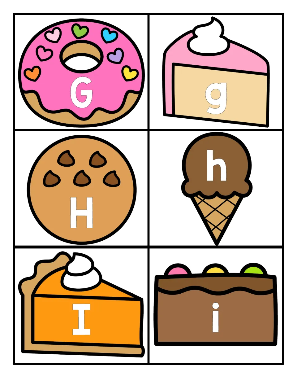 Letters G to I: uppercase G, H, I on a donut, cookie and pie slice paired with lowercase g, h, i for case matching