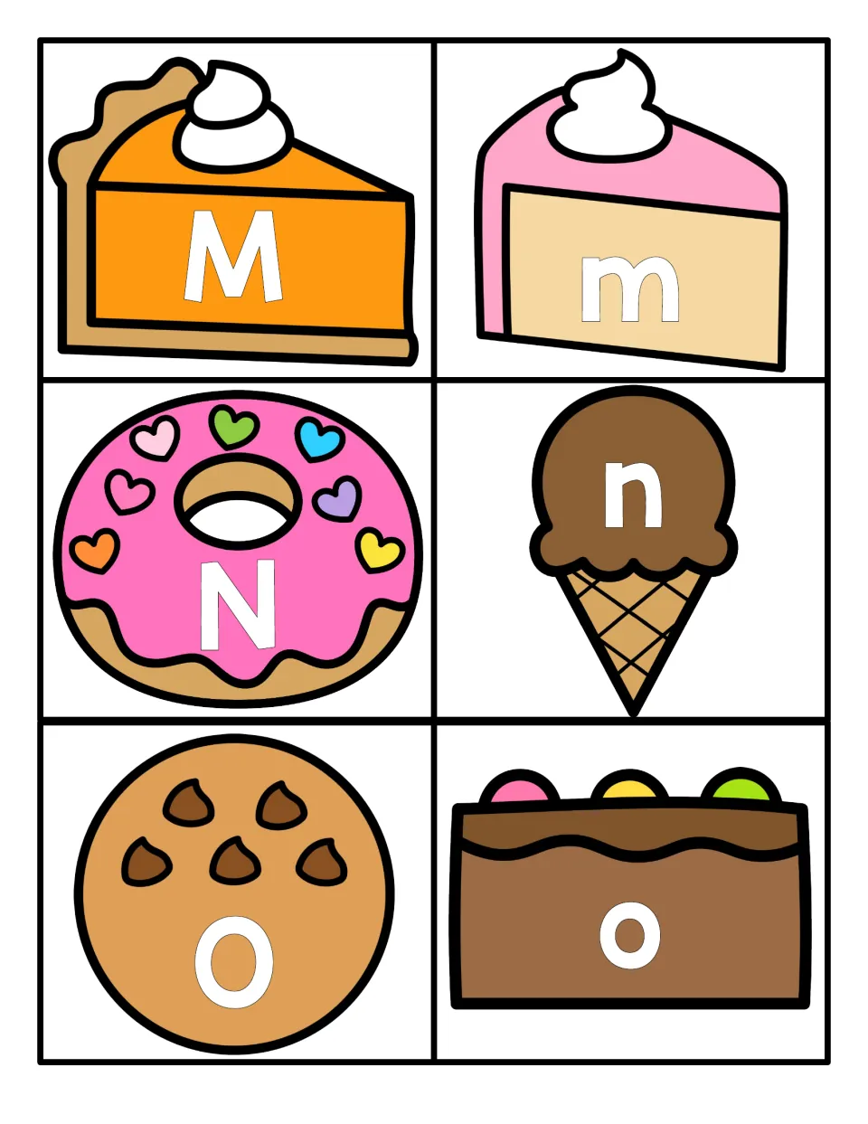 Letters M to O: uppercase M, N, O on pie, donut and cookie cards with lowercase m, n, o on cake, ice cream and brownie