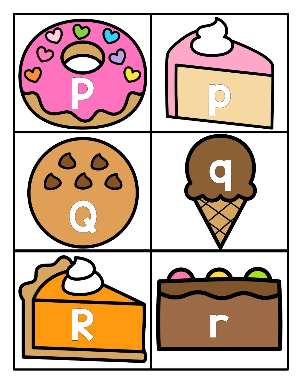 Letters P to R: uppercase P, Q, R and lowercase p, q, r on donut, cheesecake, cookie, ice cream, pie and brownie cards
