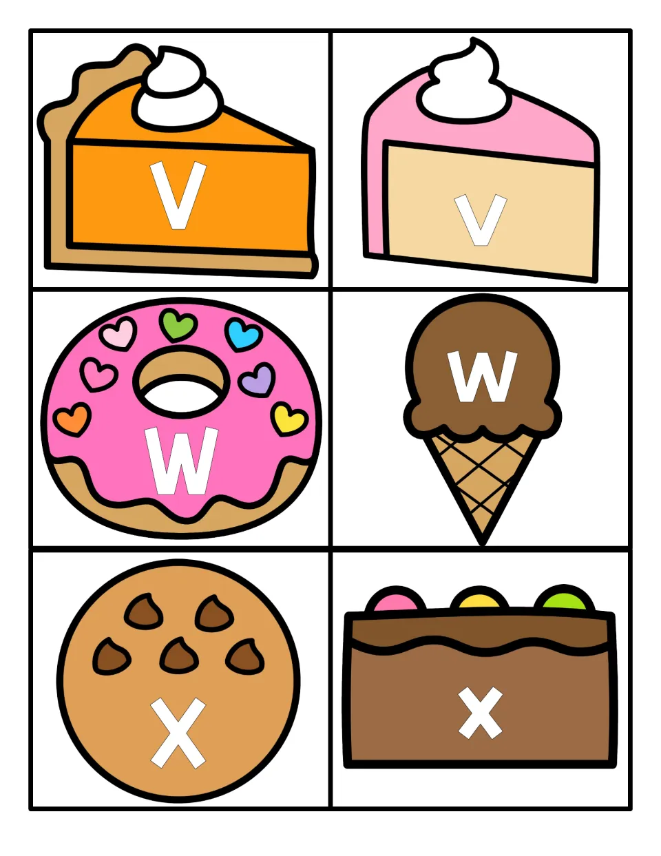 Letters V to X: uppercase V, W, X on pie, donut and cookie with lowercase v, w, x on cheesecake, ice cream and brownie