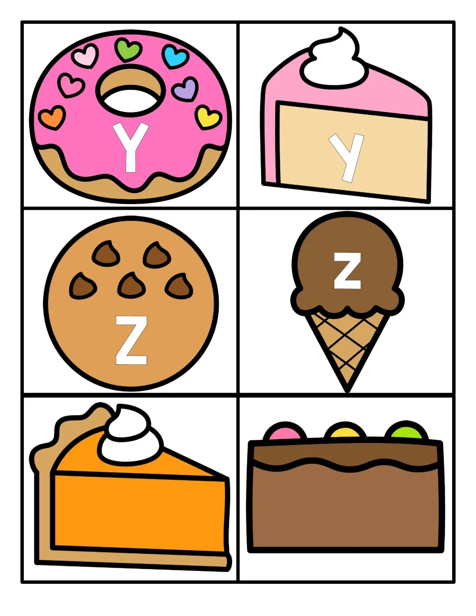 Letters Y and Z: uppercase Y, Z and lowercase y, z on dessert cards for case matching, plus blank pie and brownie cards