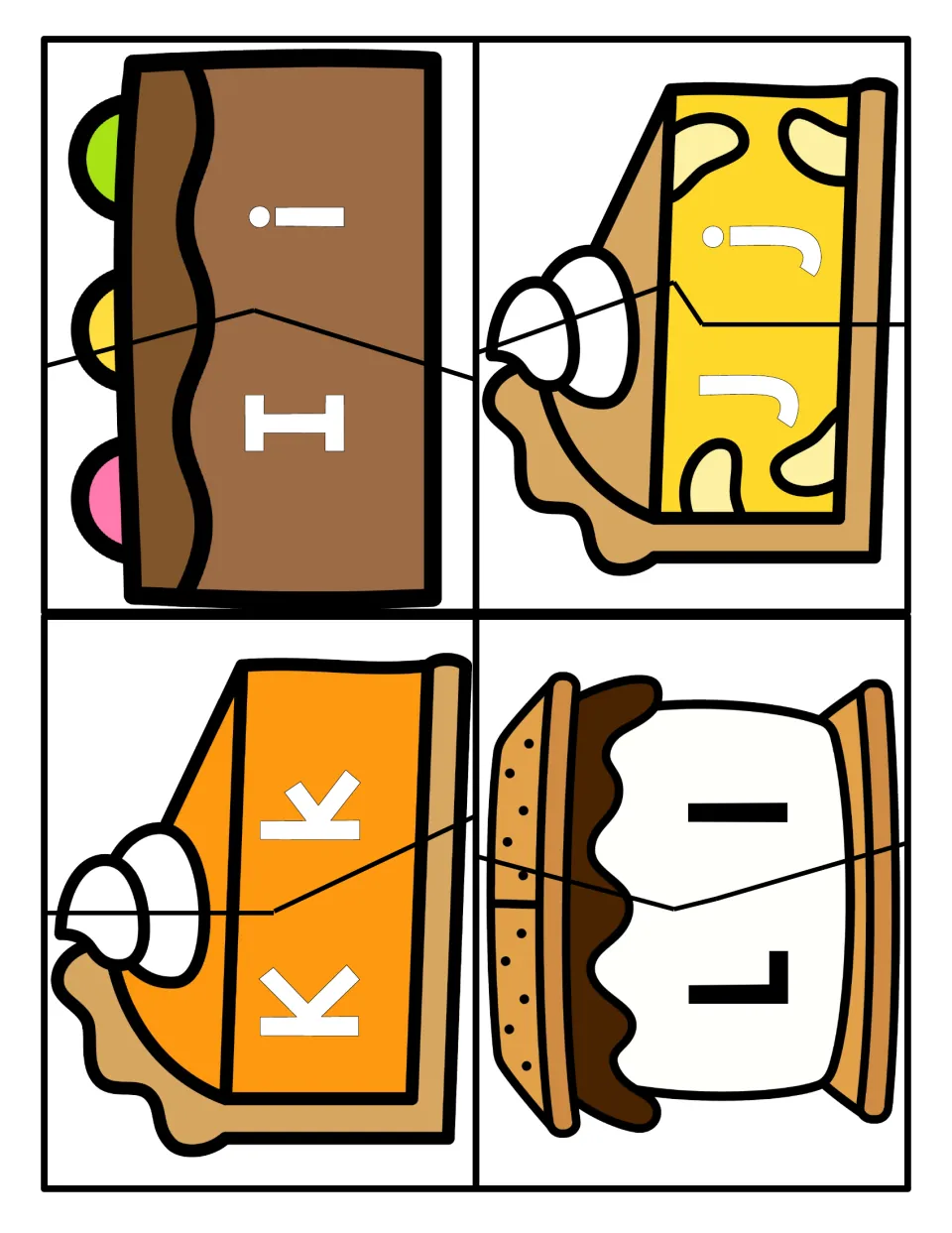 Letters I to L: uppercase and lowercase letter matching, with I/i, J/j, K/k and L/l split across two halves of each dessert