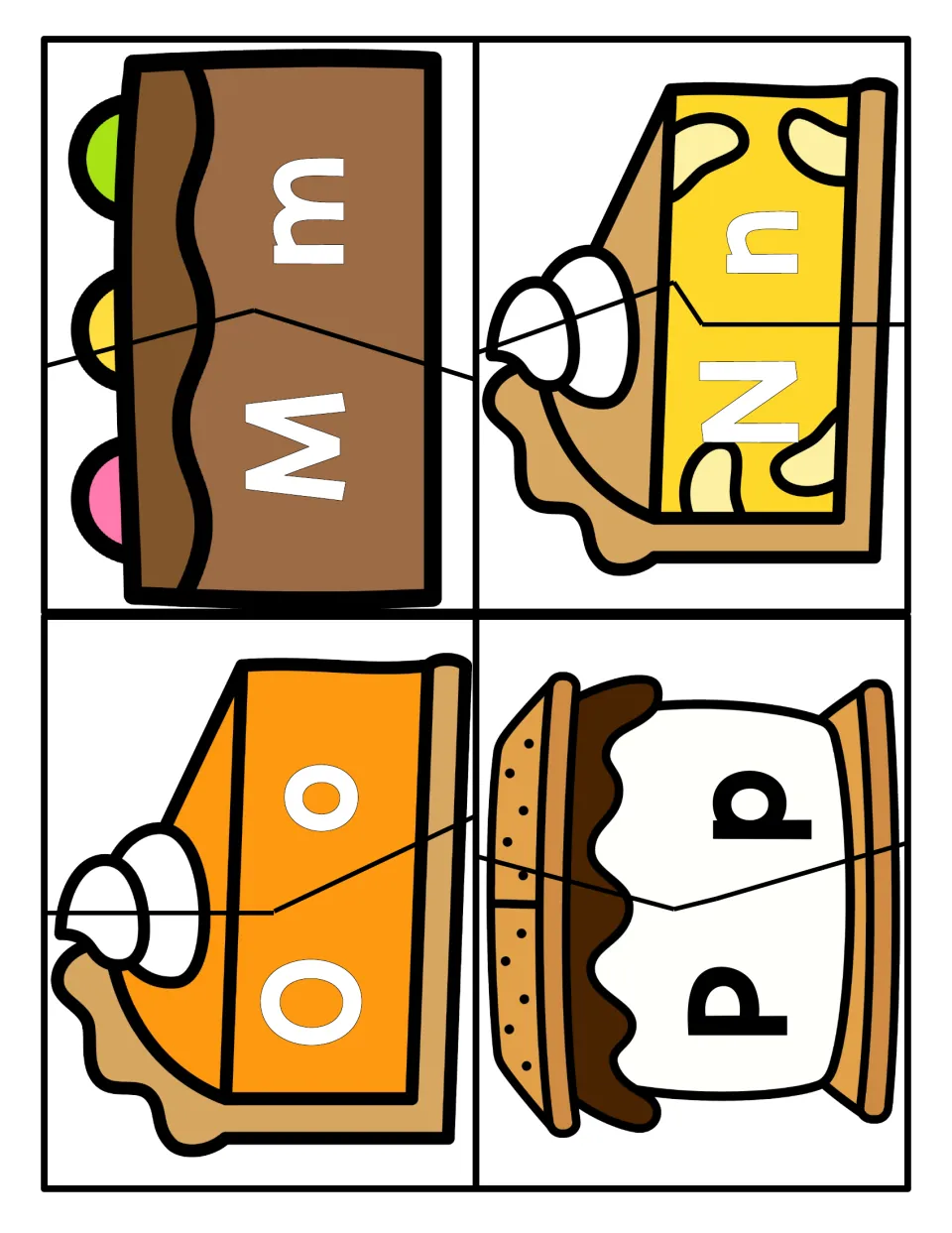 Letters M to P: students pair M, N, O and P with m, n, o and p to rebuild a cake slice, two pie slices and a s'more