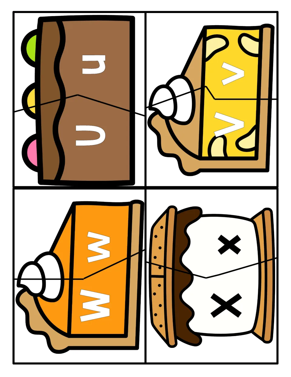 Letters U to X: students join U/u, V/v, W/w and X/x, matching each capital to its lowercase form on split dessert pictures