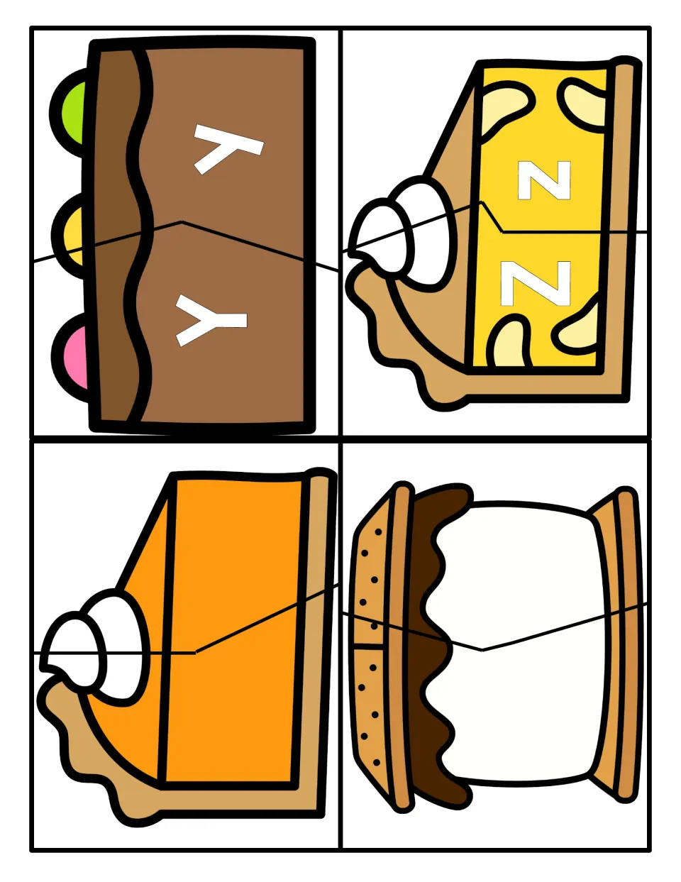 Letters Y and Z: Y/y cake and Z/z pie puzzles for capital-to-lowercase matching, plus a blank orange pie and a blank s'more