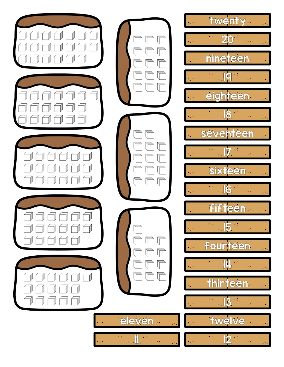 Numbers 11 to 20 cut-outs: students count the cubes on each dessert piece and match it to its number word and numeral strip