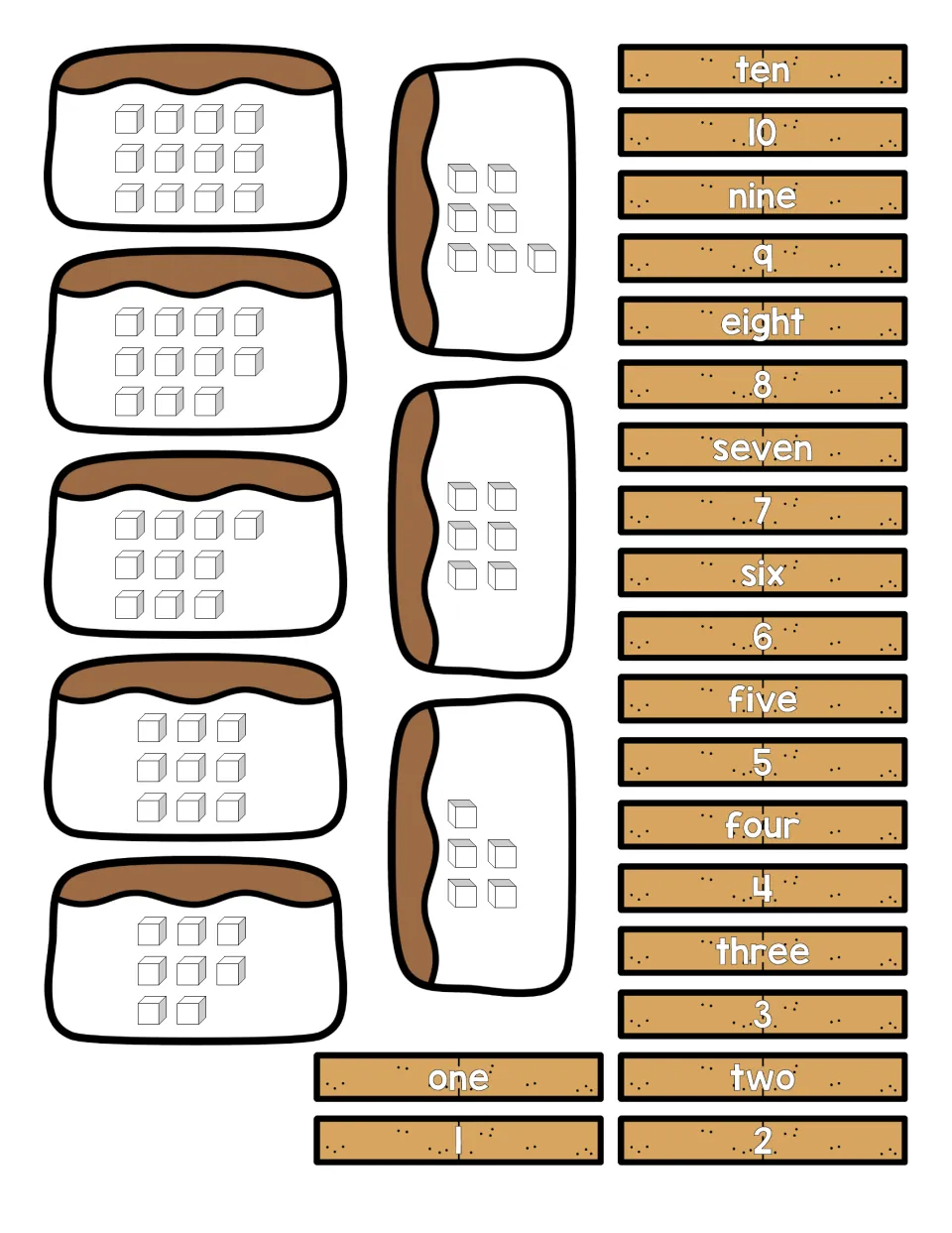 Numbers 1 to 10 pieces: children count cubes on each dessert and pair it with a number word strip and a numeral strip