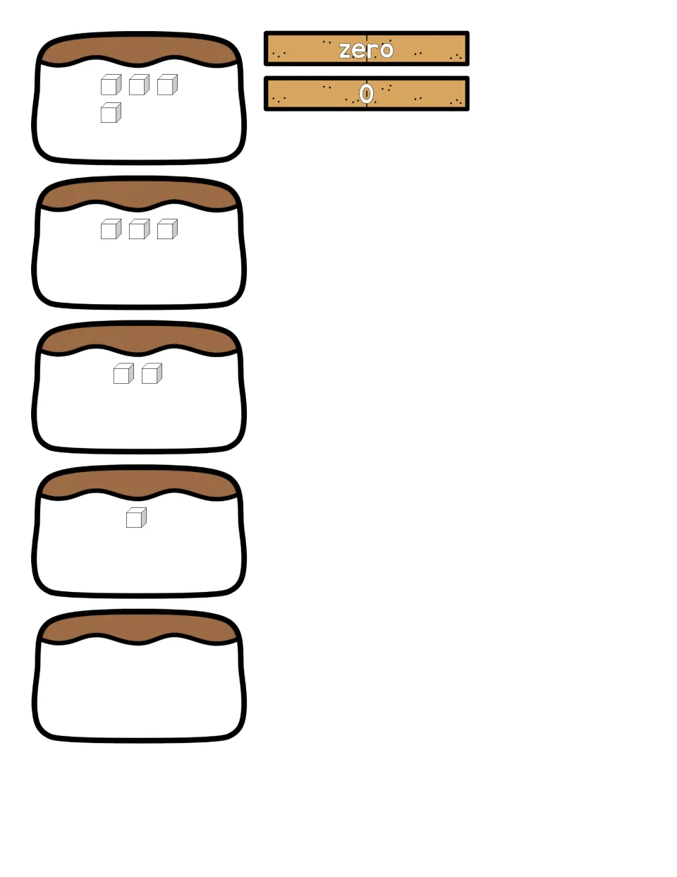 Cut-out pieces for 0 to 4: desserts showing 4, 3, 2 and 1 cubes plus an empty one, with zero word and 0 numeral strips