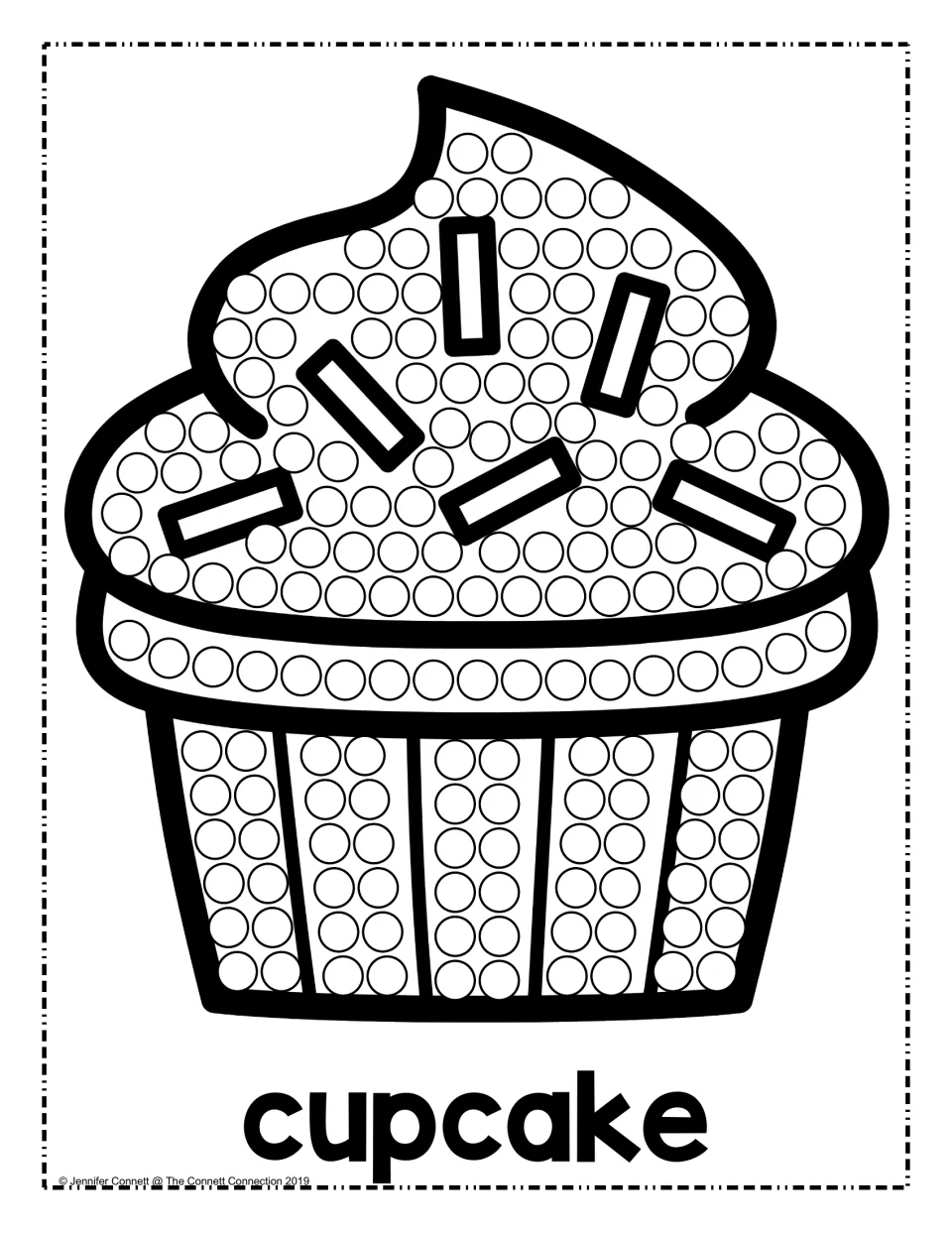 Cupcake dot painting: students stamp a dot marker in each circle on the frosting, sprinkles and wrapper of a cupcake