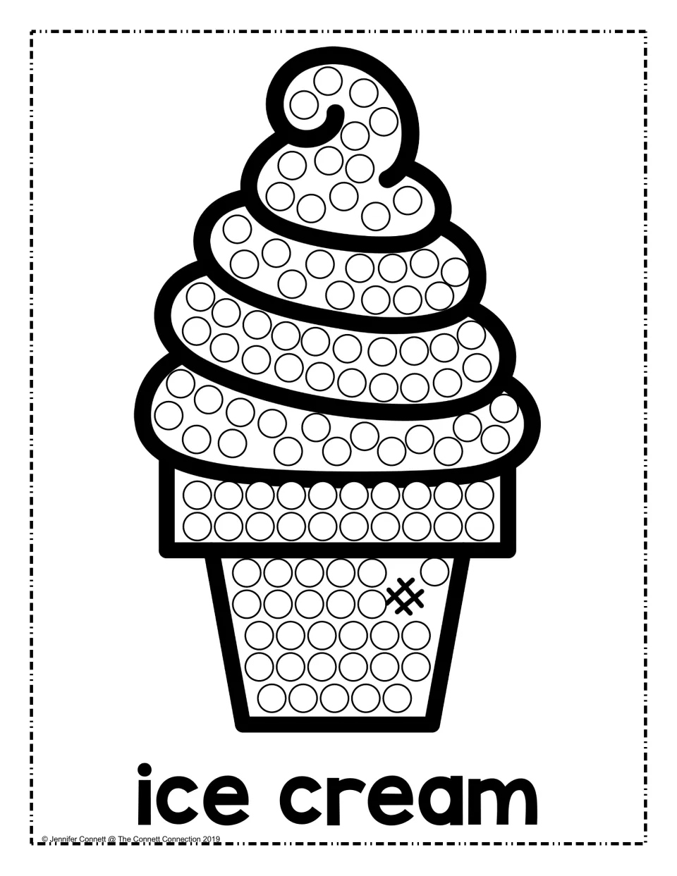 Ice cream dot painting: students dab a dot in each circle on a swirled soft-serve cone, then read the label ice cream